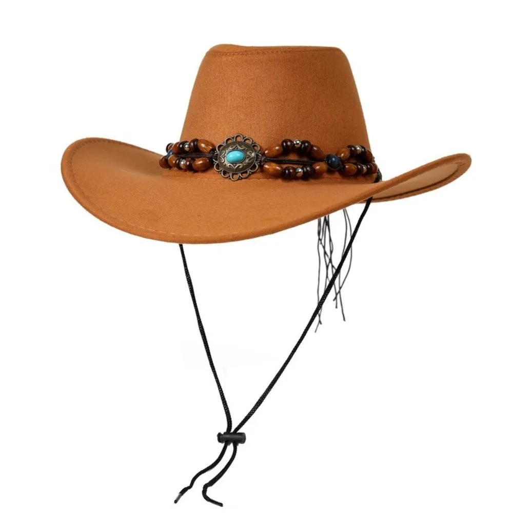 New Artificial Suede Western Cowboy Hat Tibetan Style Curved Brim Top Hat Ethnic Felt Roll Brim Cowgirl Cap Outdoor Riding