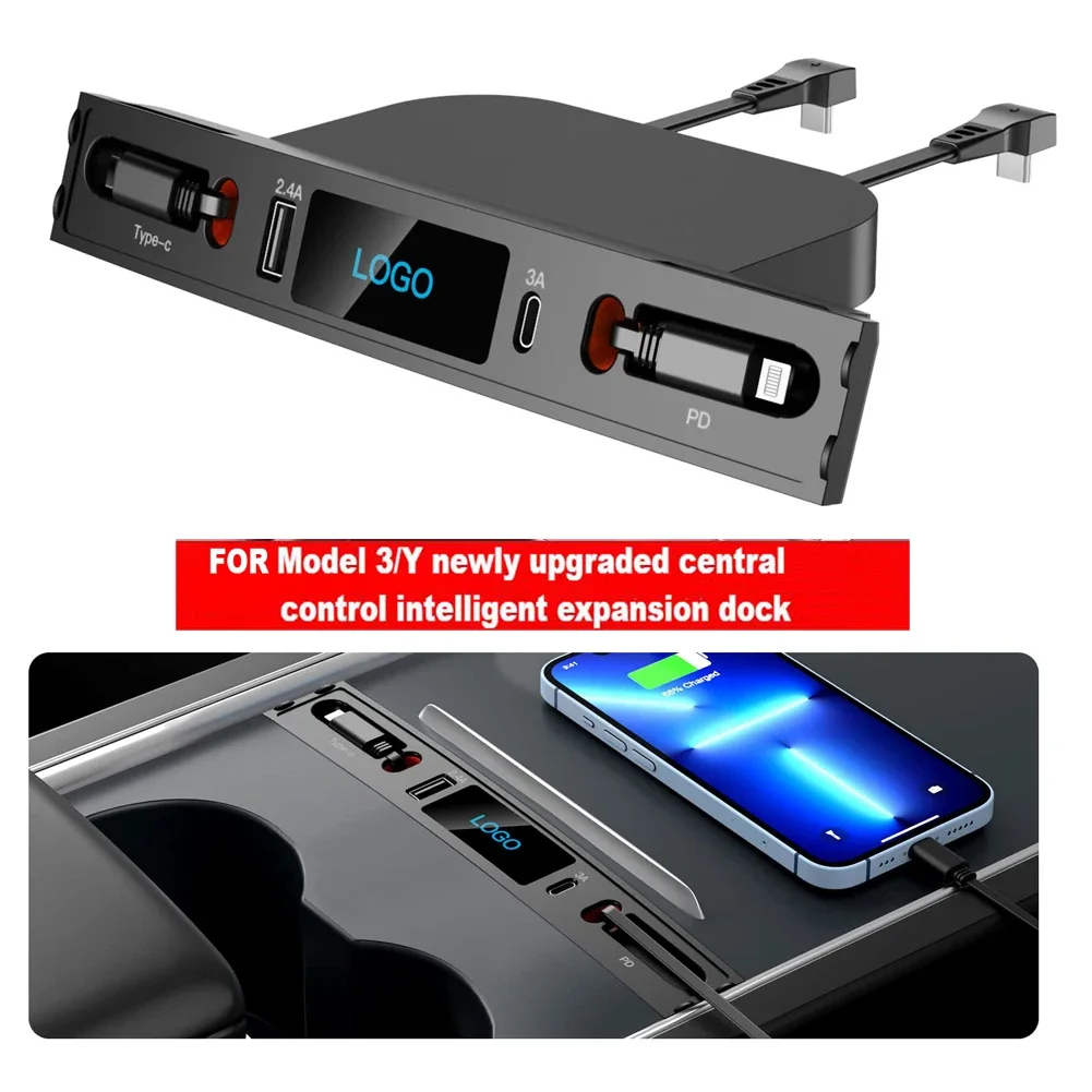 For Tesla Model 3 Y Docking Station 27W Quick Charger USB LED Shunt Hub Extension Center Console 4 Ports Smart Sensor 2023