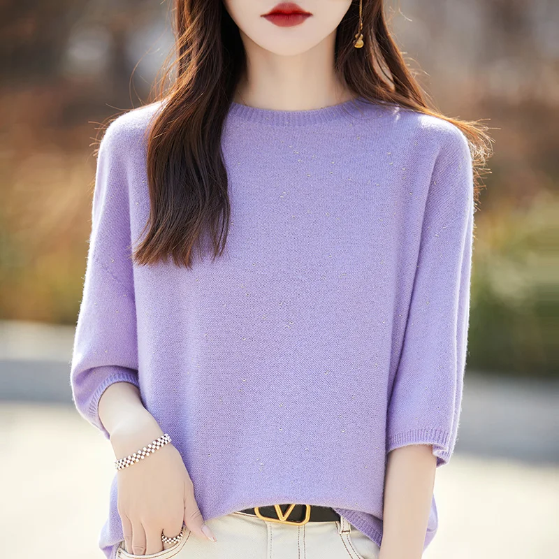 S-XXL nouvel été 100% laine australienne femmes col rond pull T-shirt couleur unie tricoté ample mince femmes pull demi manches