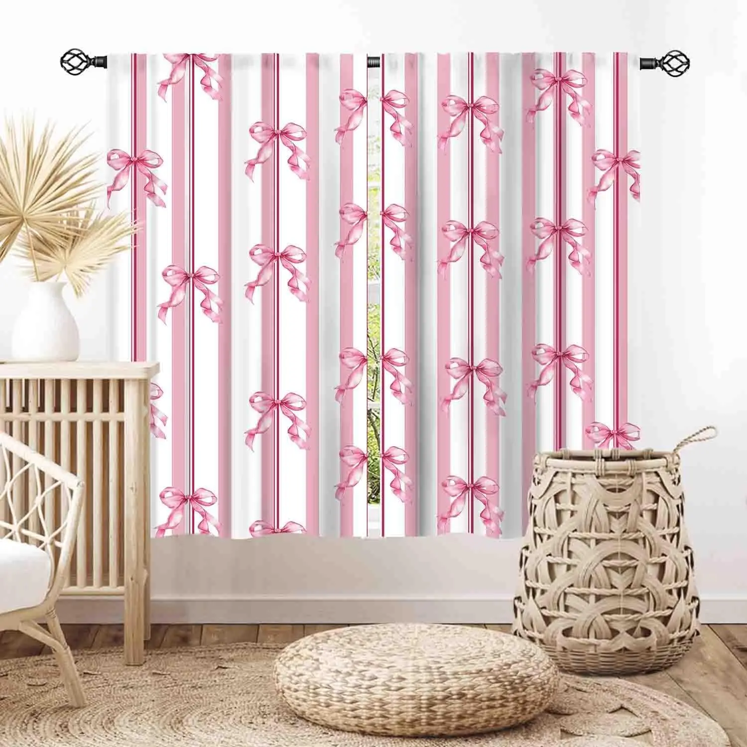 Watercolor Pink Bow Stripe Window Curtain Soft Vertical Ribbon Light Filter Privacy Drape For Bedroom Living Room Homestay Decor