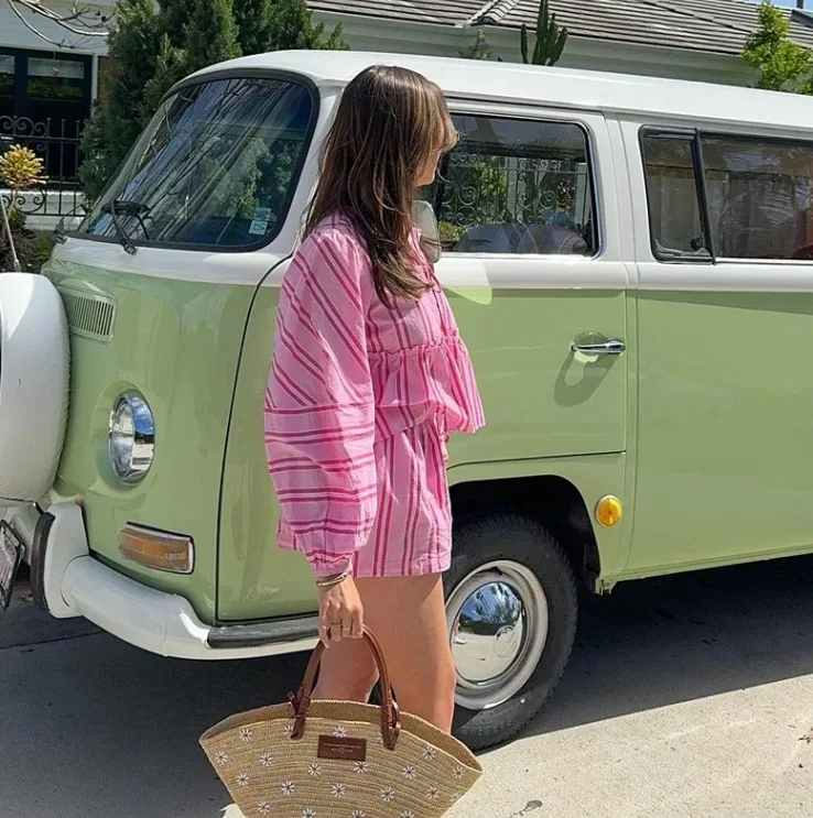 Summer casual striped shirt shorts suit ladies loose bow lace cut-out long balloon sleeve suit women's summer beach ladies suit