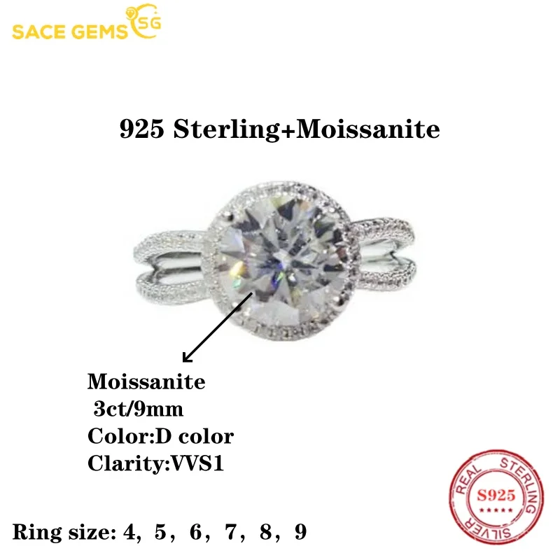 SACE GEMS  GRA Certified 3CT D VVS1 Moissanite 925 Sterling Silver Fashion Ring for Women Engagement Promise Party Fine Jewelry