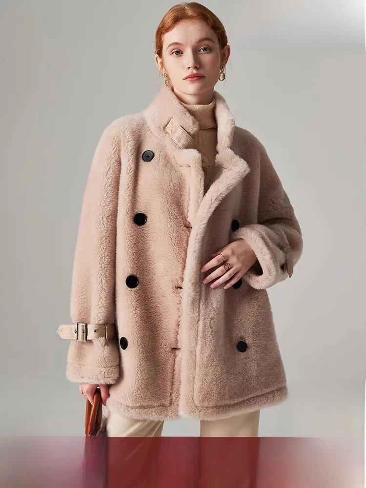 

Thiened, двурядное пальто средней длины на пуговицах, корейское пальто из овчины, женское пальто из вожной кожи с частицами из меха ягненка, встроенная кожа