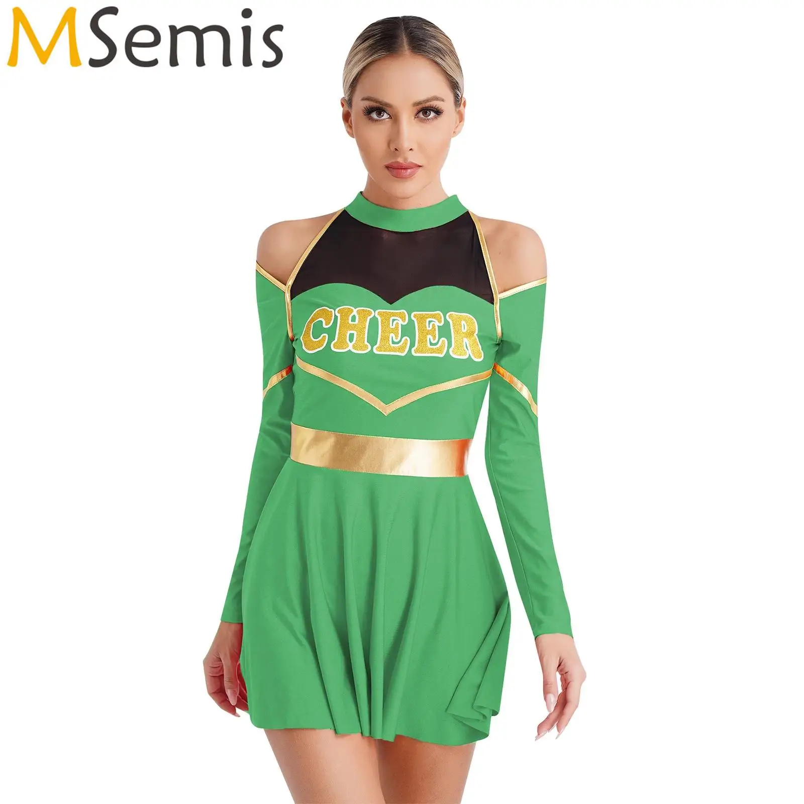 Womens Youthful Schoolgirl Cheerleading Uniform Dance Costumes Cold Shoulders Cutout Letter Print Dress for Halloween Ball Games