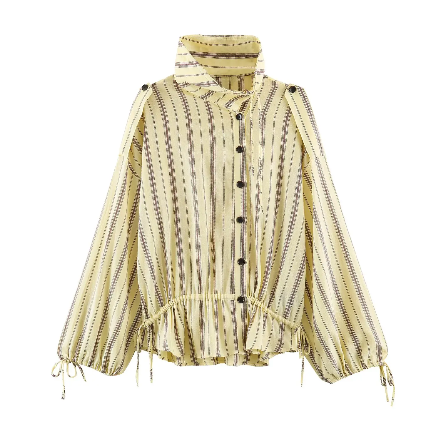 Casual Ruffle Hem Blouses Women High Neck Button Closure Drawstring Waist Vertical Stripe Long Sleeve Coats 2026 Streetwears Hot
