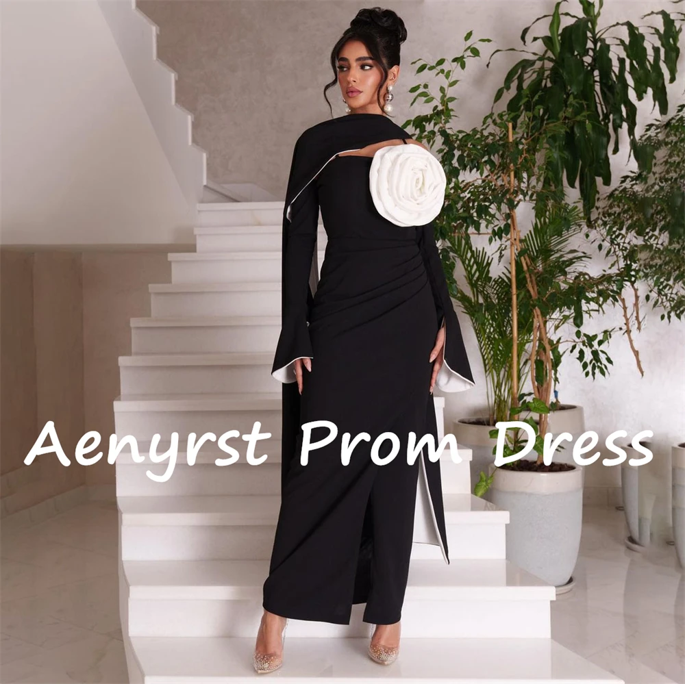 Aenyrst-Robe de soirée noire en forme de sirène, manches longues, motif fleuri 3D, fendue, longueur rinçage, avec écharpe, pour occasion personnalisée