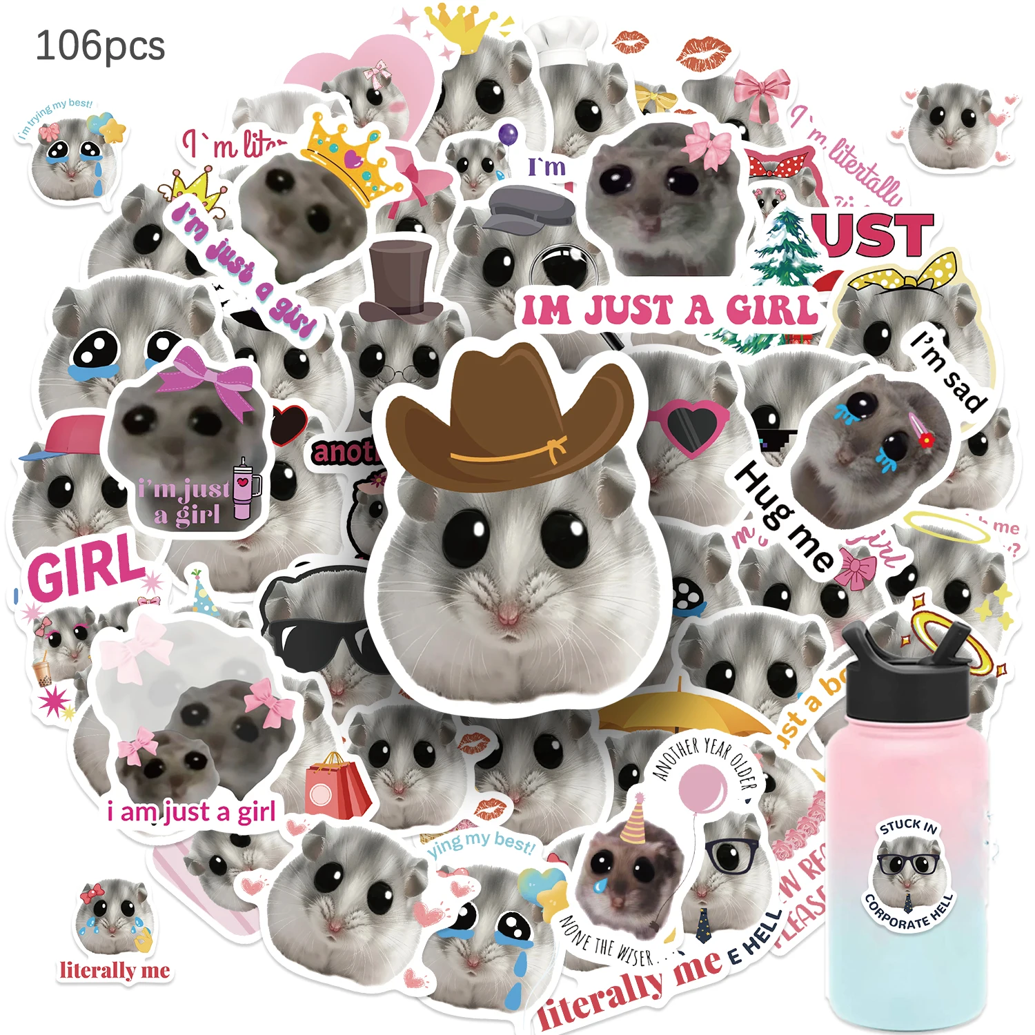 106Pcs Cartoon Sad Hamster Meme Stickers For Car Laptop Luggage Guitar Decor Accessories Waterproof Animals Stickers Decals