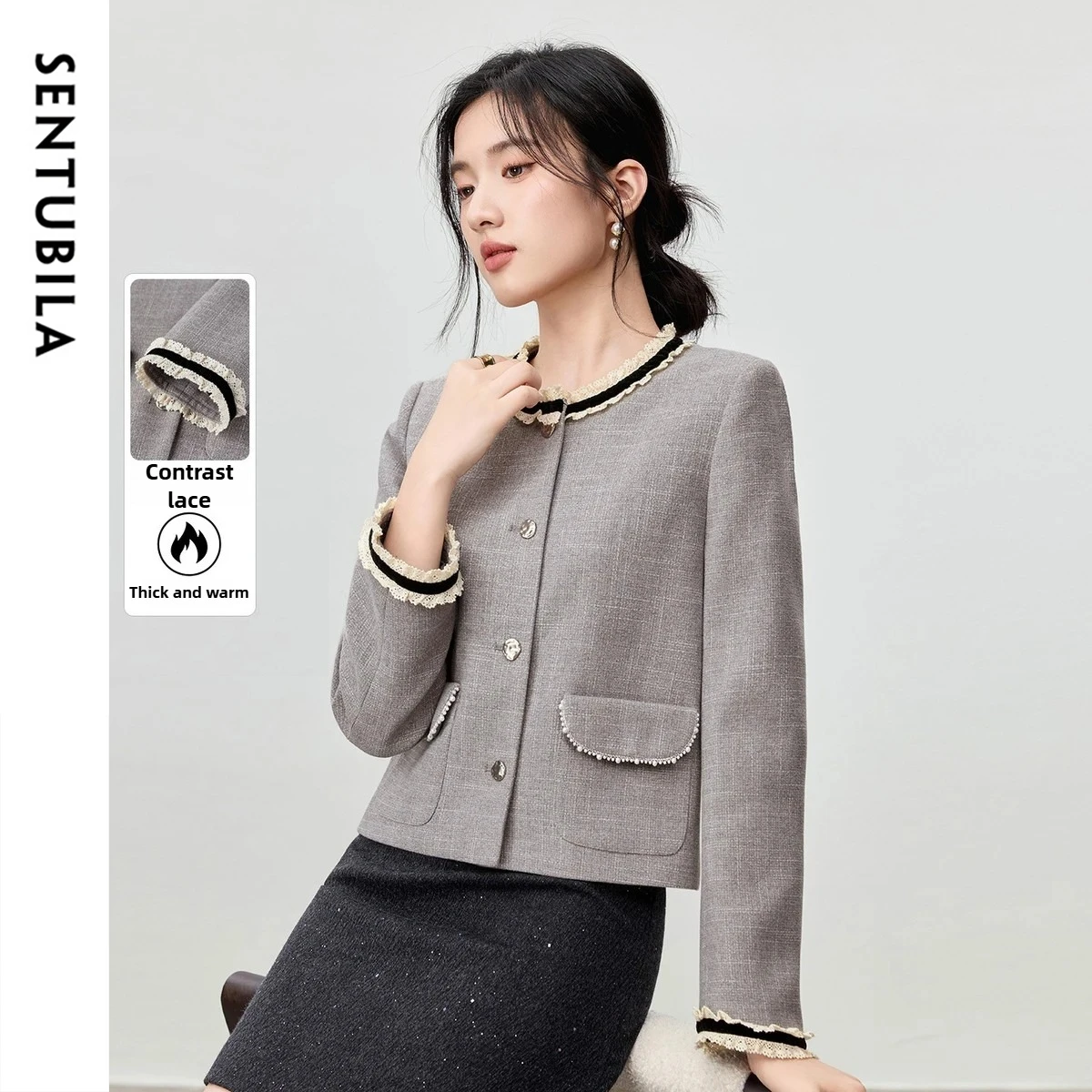 

SENTUBILA Элегантная маленькая ароматная куртка женская, осень 202, кружевное пальто контрастного цвета с круглым вырезом, плотная верхняя одежда с длинными рукавами Q53WA3438