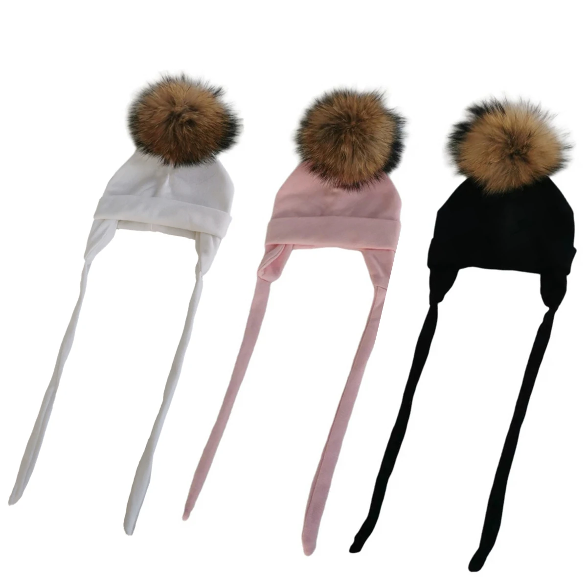 Newborn Baby hat for Boys Girls with ear Warmmer earflap rope Cotton Beanie natural real fur Pom Pom Bobble Hat Cap Hat for Kids