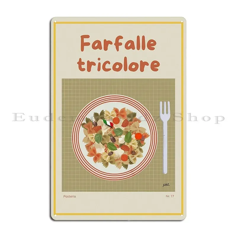 Farfalle Tricolore Illustration With Farfalle Pasta Tomatoes Olives Mozzarella And Basil Metal Plaque Custom Club Living Room