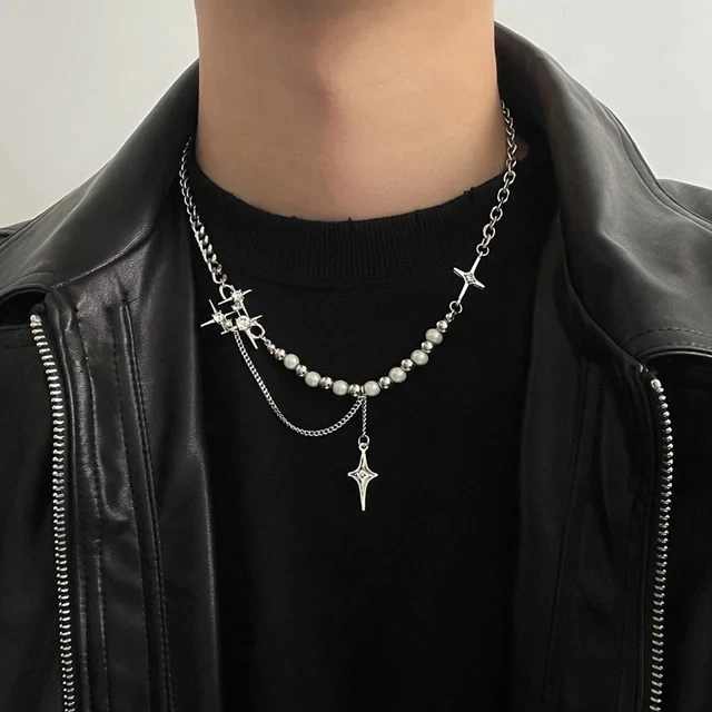 Kpop Zircon Cross Star Beaded Necklace Men Unisex Hiphop Imitation Pearl Star Pendant Necklaces Y2K Geometric Tassel Necklace