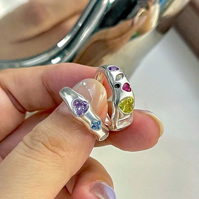 925 Cincin Perak Sterling untuk Wanita Batu Warna-warni Hati Cincin Jari Minimalis Terbuka Dapat Disesuaikan Band Mode Wanita Bijoux