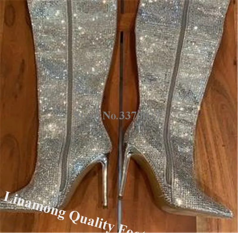 Luxurious Silver Rhinestones Long Boots Linamong Bling Bling Pointed Toe Over the Knee Stiletto Heel Boots Shining Wedding Heels