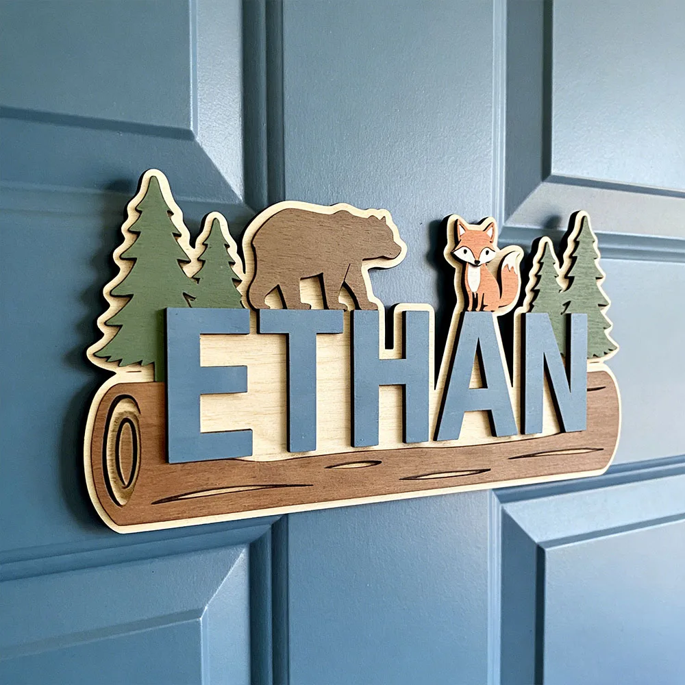 Woodland Forest Animal Personalized Name Wooden Sign Custom Bear Fox Pine Tree Log Plaque 25cm Kids Nursery Door Wall Decor Birt