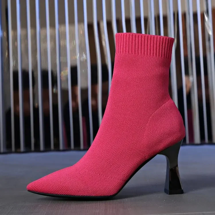 Women Knitting Sexy High Heels Shoes Pointed Toe Trend Chelsea Boots Designer Winter 2024 New Ankle Thin Mujer Sock Boots Pumps