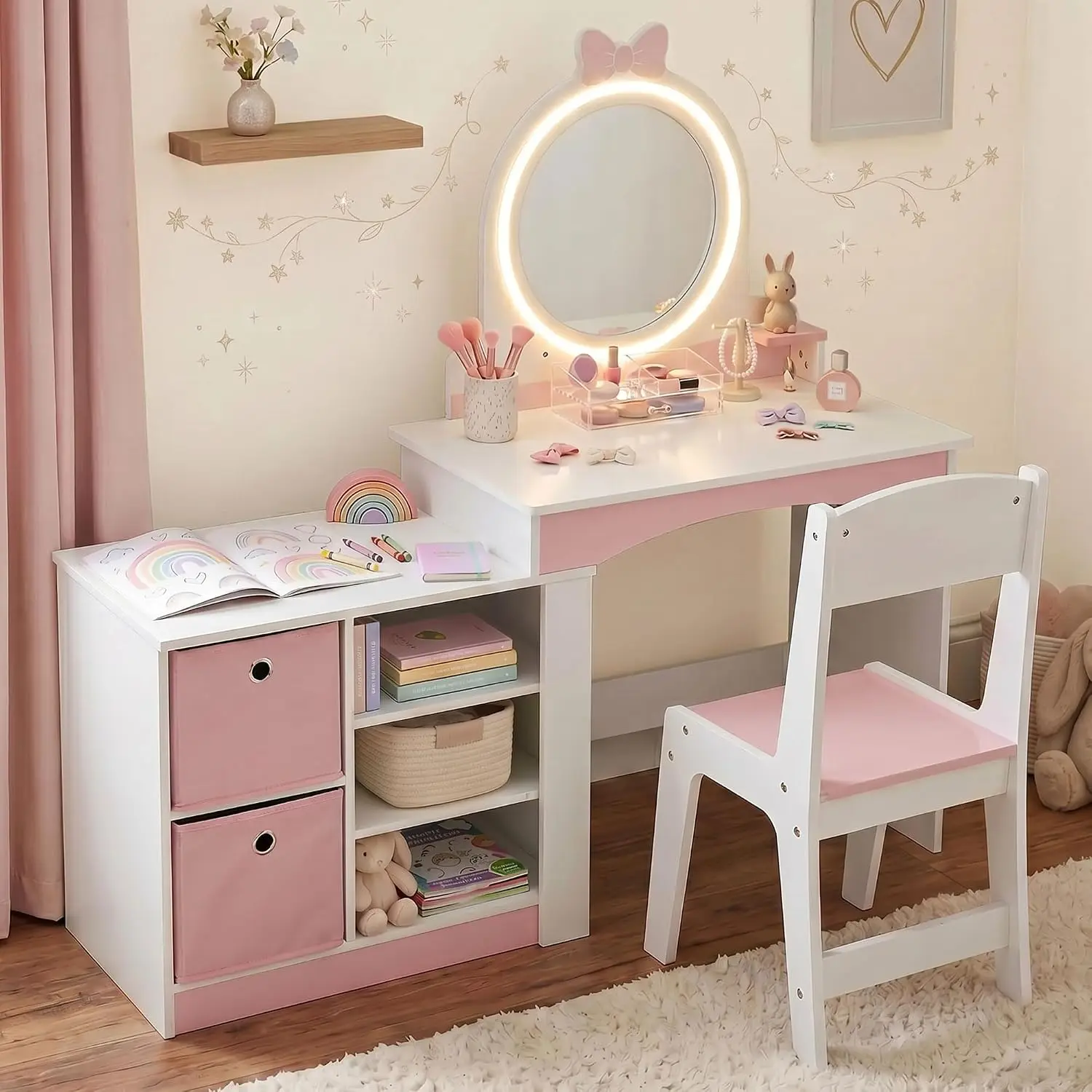 Kids Vanity with Mirror & Lights, Wooden Dress-Up Station with Chair, Dual-Height Desk with 2 Drawers & 3 Shelves, Customized