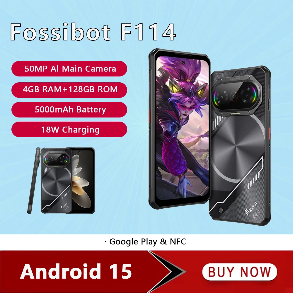 Fossibot F114 Ultra-thin Rugged Smartphone Android 15 Unisoc T615 4GB RAM+128GB ROM Mobile Phone 50MP 5000mAh 18W Cellphone NFC