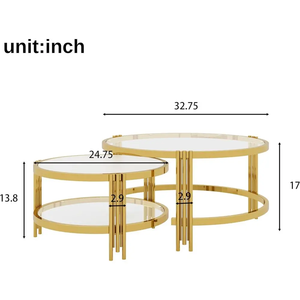 2-Piece Modern Gold Finish Coffee Table Set with Textured Glass Top for Living Room, 32.75
