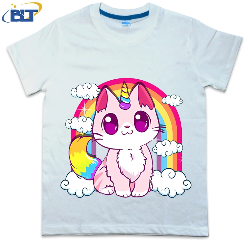 

Cute Unicorn Cat Adorable Smiling Rainbow Printed Kids Tshirt Summer Cotton Short Sleeve Casual Tops Suitable for Boys and Girls