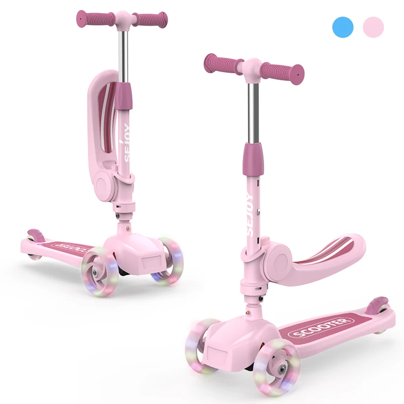 Step-scooter voor kinderen met 3-wielige LED-verlichting, verstelbaar Lean-to-Steer-stuur, opklapbare stoel, zit- of sta-rijfunctie, voor 3-8 jaar