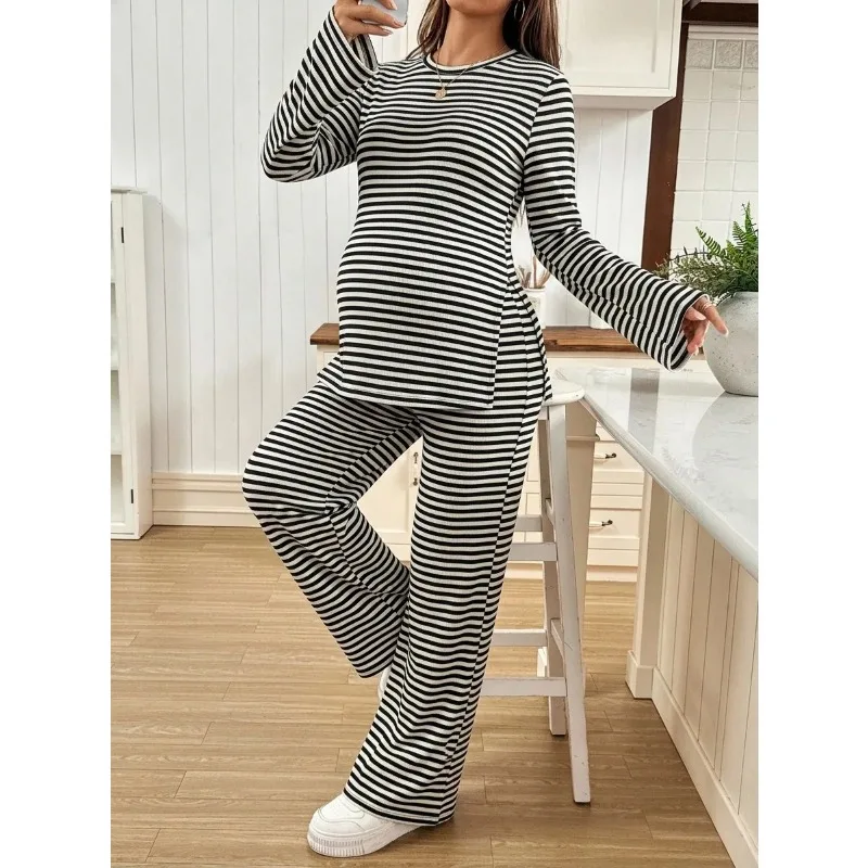 Pregnant Women Two-piece Outfit Maternity Striped Long Sleeve T-shirt + Adjustable Waist Pants Autumn Winter Pregnancy Clothing - view 5