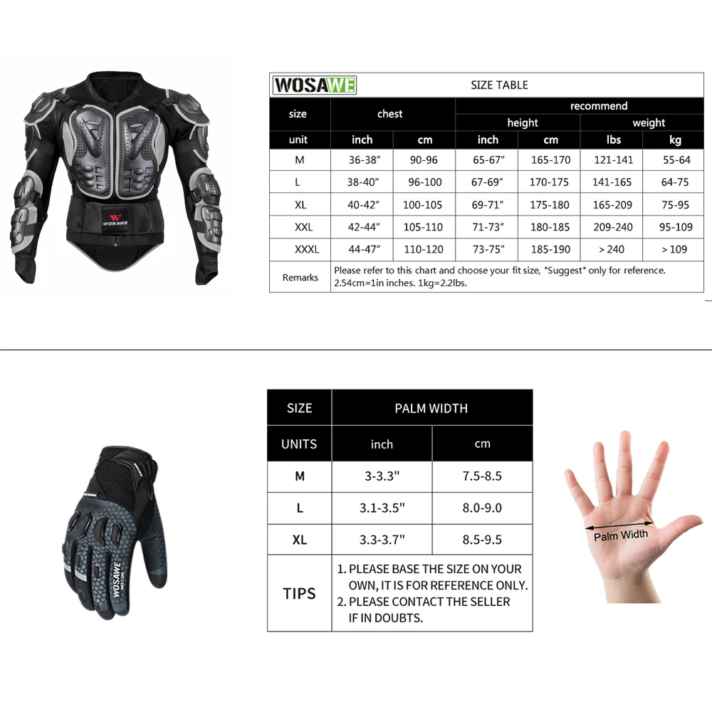 WOSAWE Motorcycle Protector Motocross Full Body Armor Moto Jacket Riding Gloves Men Motorbike Racing Armor Protective Gears