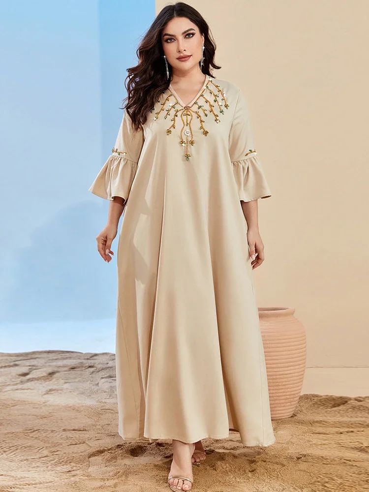 Eid Flare Sleeve V Neck Party Dress for Women Abaya Jalabiya Dress Muslim Kimono Maxi Robe Moroccan Caftan Party Vestidos 2023