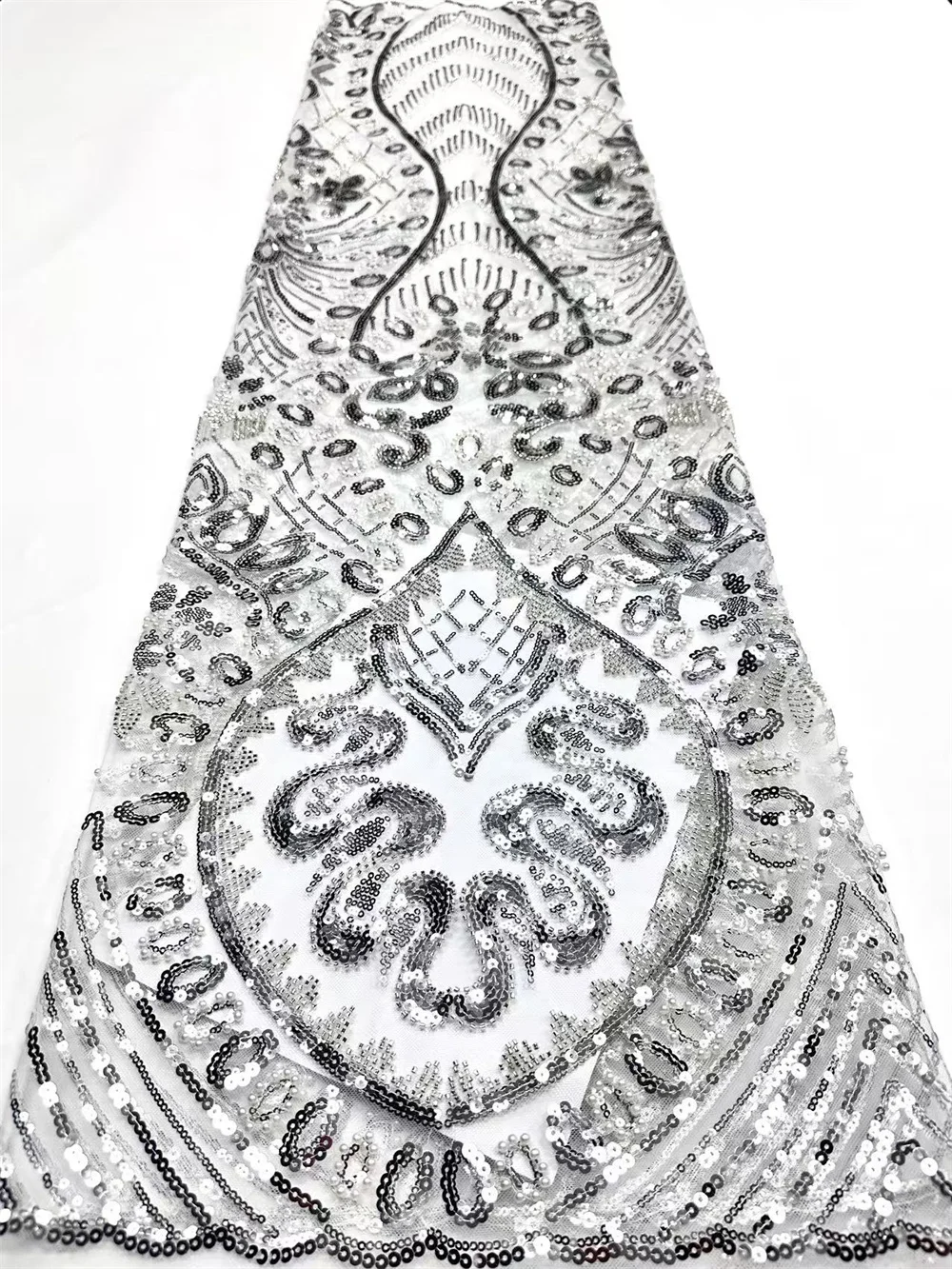 

Новейшая нигерийская ткань 2025 Серая кружевная ткань 2025 Высококачественное кружево с блестками и бисером для роскошных платьев на день рождения 5 ярдов Hm129-1