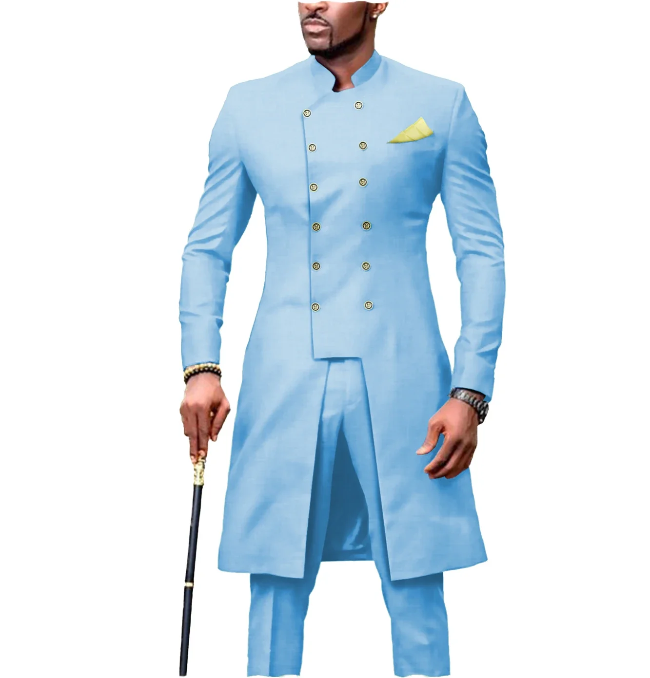 African Men Suits with Stand Collar Vintage Wedding Groom Tuxedo Slim Fit Male Long Jacket (Blazer+Pants) Custom Made