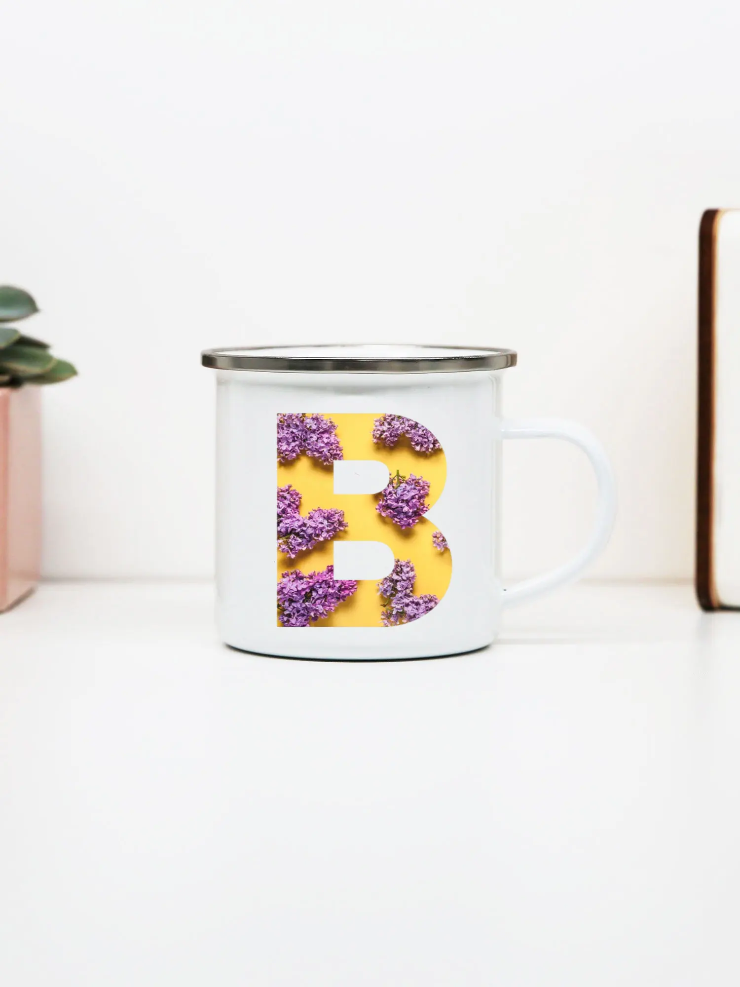 Initial Lavender Mugs Cute English Alphabet Enamel Coffee Mug With Handle Milk Wine Beer Drink Juice Cup Gifts for Women