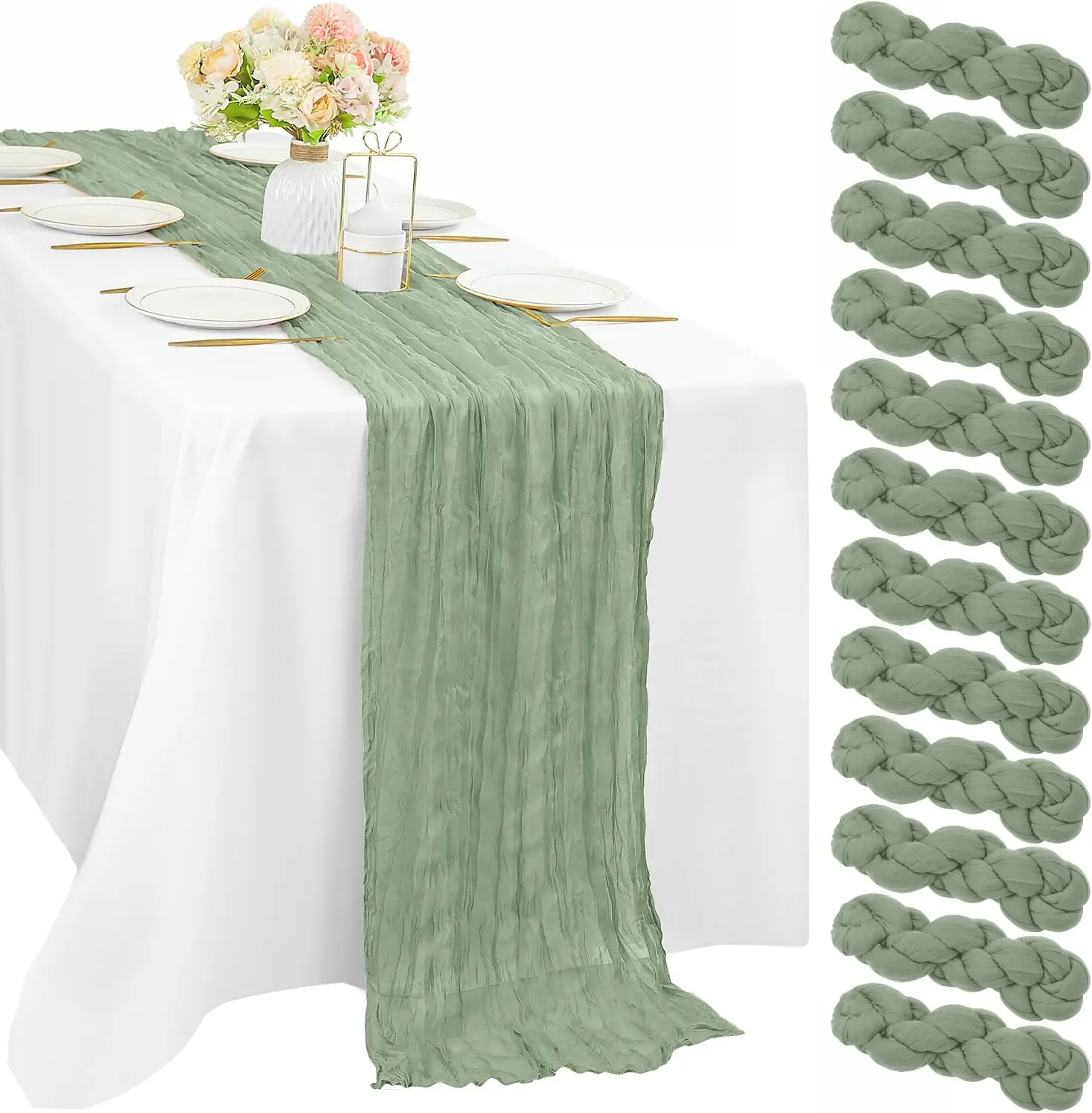 

12Pcs Sage Green Cheesecloth Table Runner 35x120 Inches Boho Gauze Table Runner Rustic Sheer Runner for Wedding Birthday Party