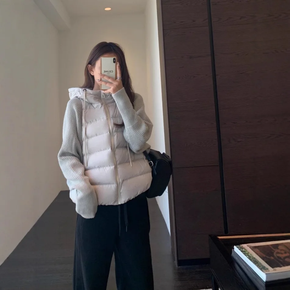 Giacca in cotone leggero con giunture lavorate a maglia Giacca invernale corta da donna in cotone nuovo stile falso in due pezzi Serie Maillard invernale