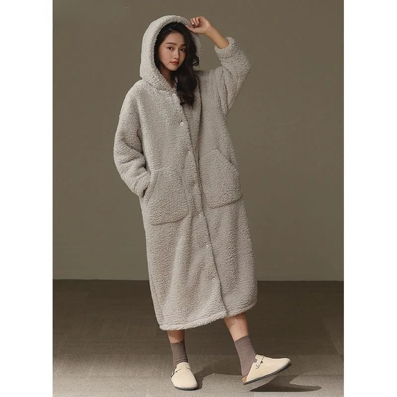 Long Style Gentleman Night Gown Bathrobe Dressing Gown Soft Plush Couple Pajamas Female Autumn and Winter Coral Fleece Hooded