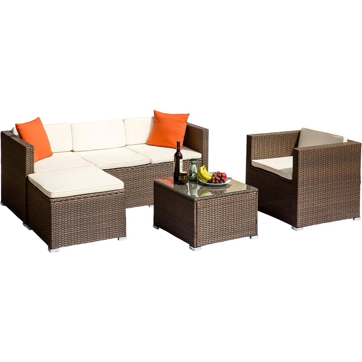 

4Pcs Rattan Outdoor Patio Furniture Set Wicker Garden Sofa Included 1 3-Seat 1 Ottoman 1 Armchair 1 Tea Table Brown[US-Stock]