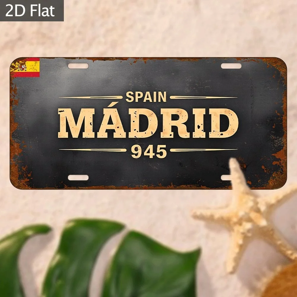 2D Flat - 2D Retro Wall Decor - 12X6 Inch Madrid 95 Design with Spanish Flag Metal Sign, Distressed Industrial Decor, for Farmho