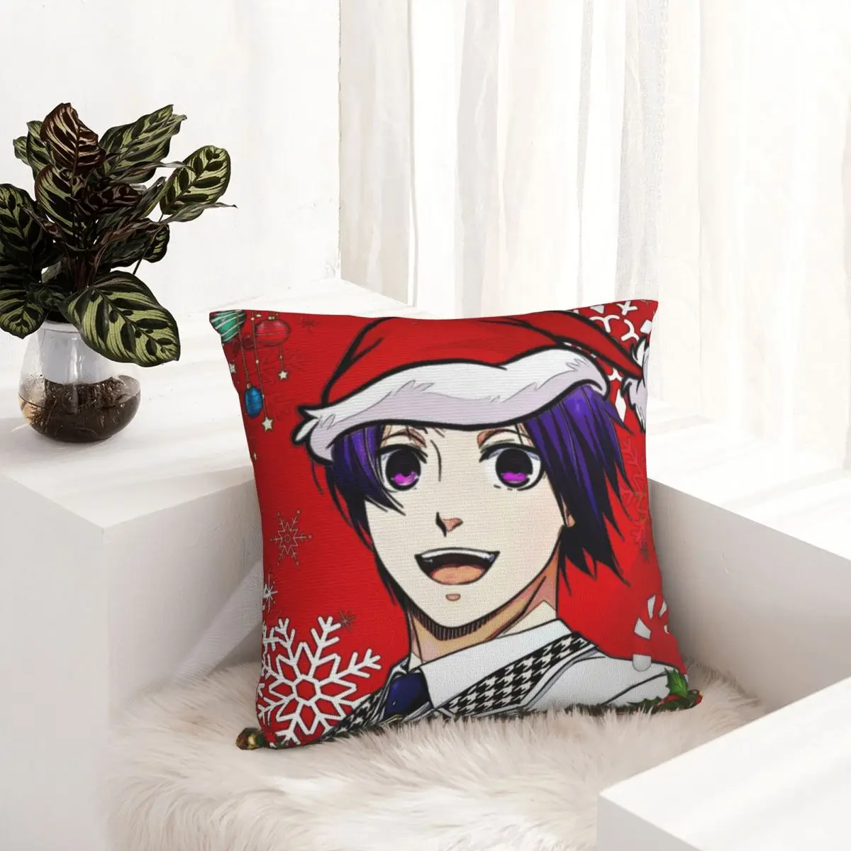 Paars Haar Anime Jongen Kerstmuts Kerst Kunst Kussensloop Kussenhoes Zacht Kussensloop Kawaii Kussenslopen Voor Huisdecoratie