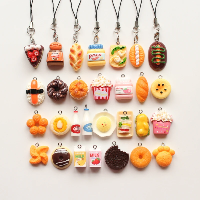 5pcs Cute Strawberry Chocolate Cake Popcorn Lanyard Mini Sandwich Hamburger Donut Bread Pendant Phone Case Strap Keyring Hanging