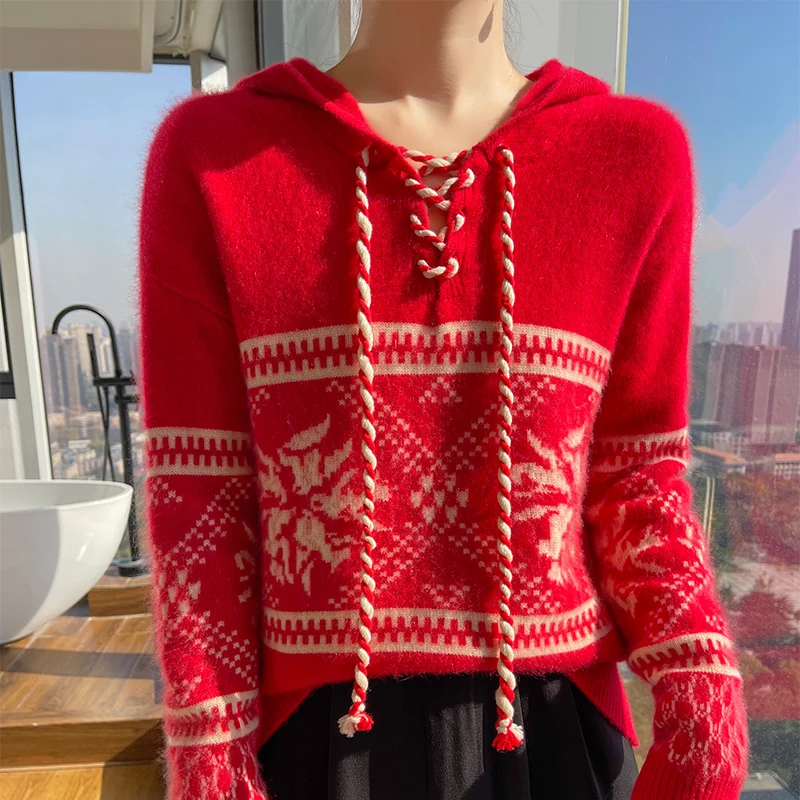 خريف/شتاء الجاكار المرأة 100% الصوف الخالص الرباط سترة مقنعين محبوك طويلة الأكمام فضفاضة الكشمير هوديي