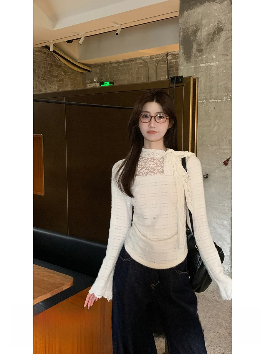 

Новая весенняя женская приталенная футболка с длинным рукавом, кружевной отделкой и уникальным дизайном, повседневная, модная, для ношения под одеждой