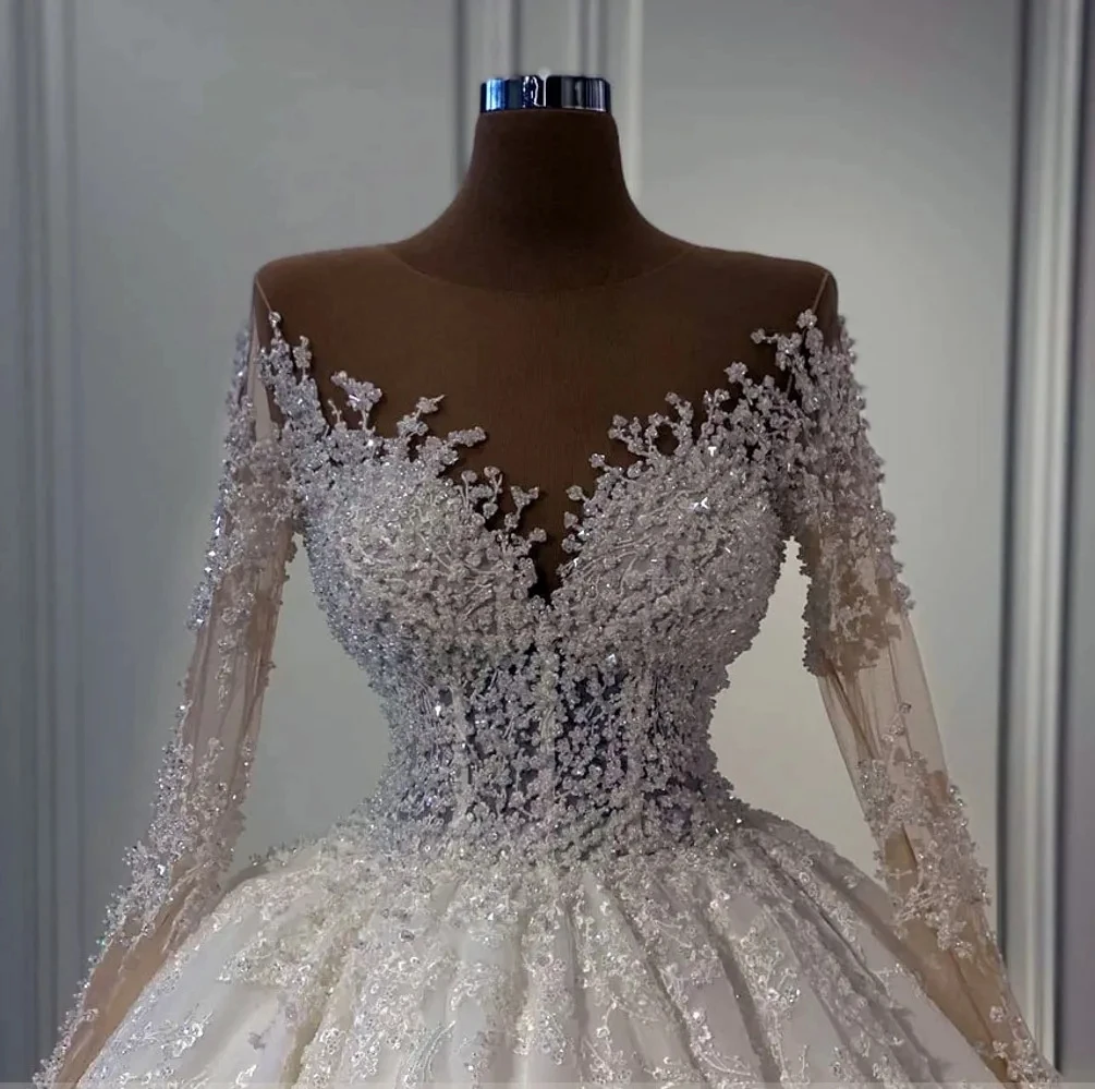 Customized Elegant Wedding Dress Illusion Neck Long Sleeves Lace Appliques Pearls Beads Bride Gowns Robe Mariage Vestidos De Nov