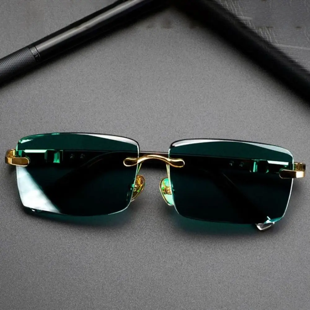 Frameless Men's Sunglasses Green Crystal Stone Metal Cycling Goggles Black Shades Leopard Print Driving Glasses