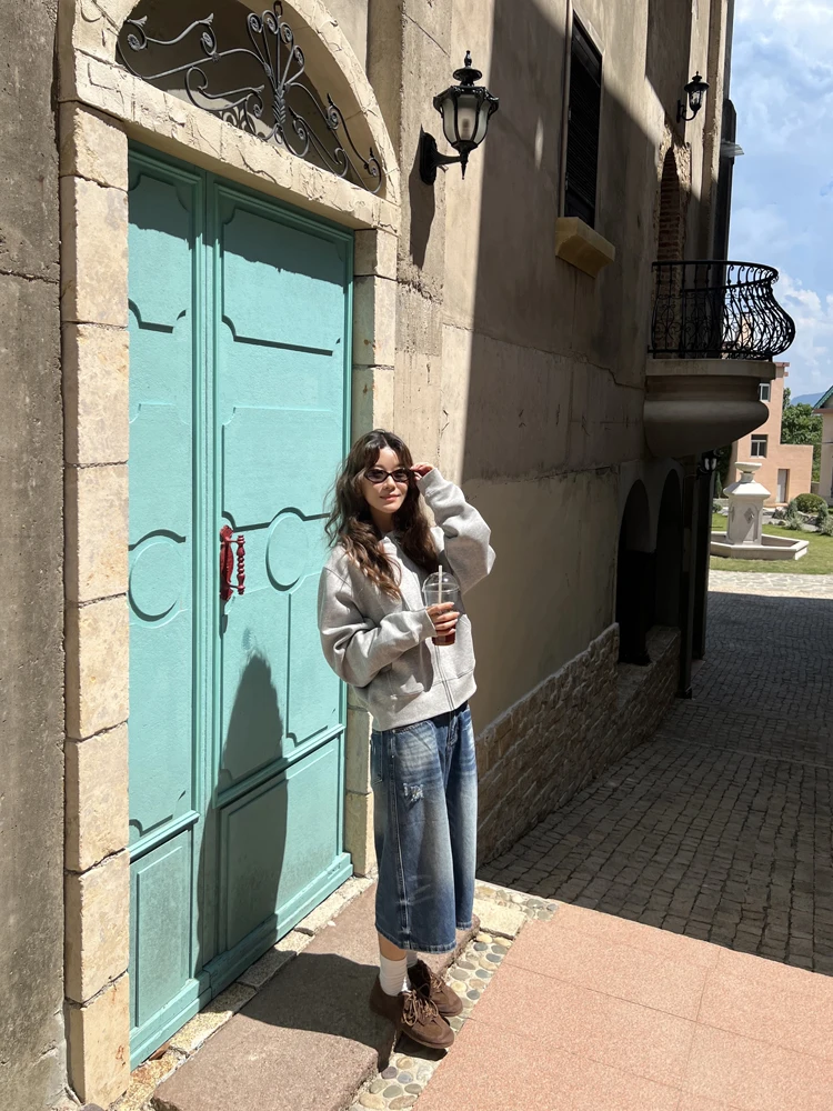 

Американские ретро-джинсы с эффектом потертости, прямые, средней длины, женские, осенние, с застежкой-молнией на талии