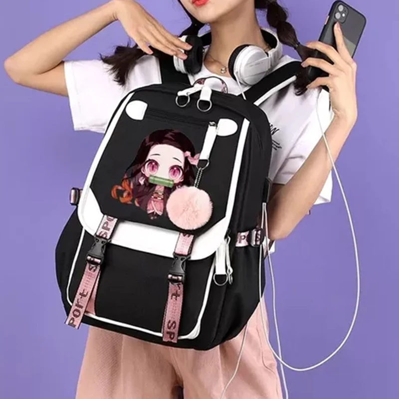 Demon Slayer Kamado Nezuko USB Backpacks College Cosplay School Bag 18inch Notebook Travel Laptop Teens Patchwork Computer Bags