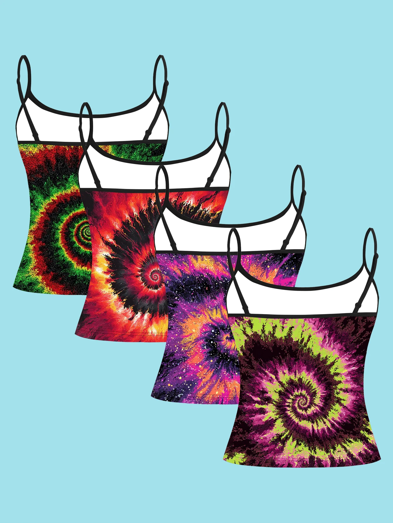 4-Piece Set of Vintage Swirl Tie-Dye Starry Sky Print Camisole Tops for Women, High-Saturation Color-Blocking Hippie Style Spaghetti Strap Waist-Cinching Slim-Fit Base Tops, Suitable for Cross-Border Music Festivals and Street Wear