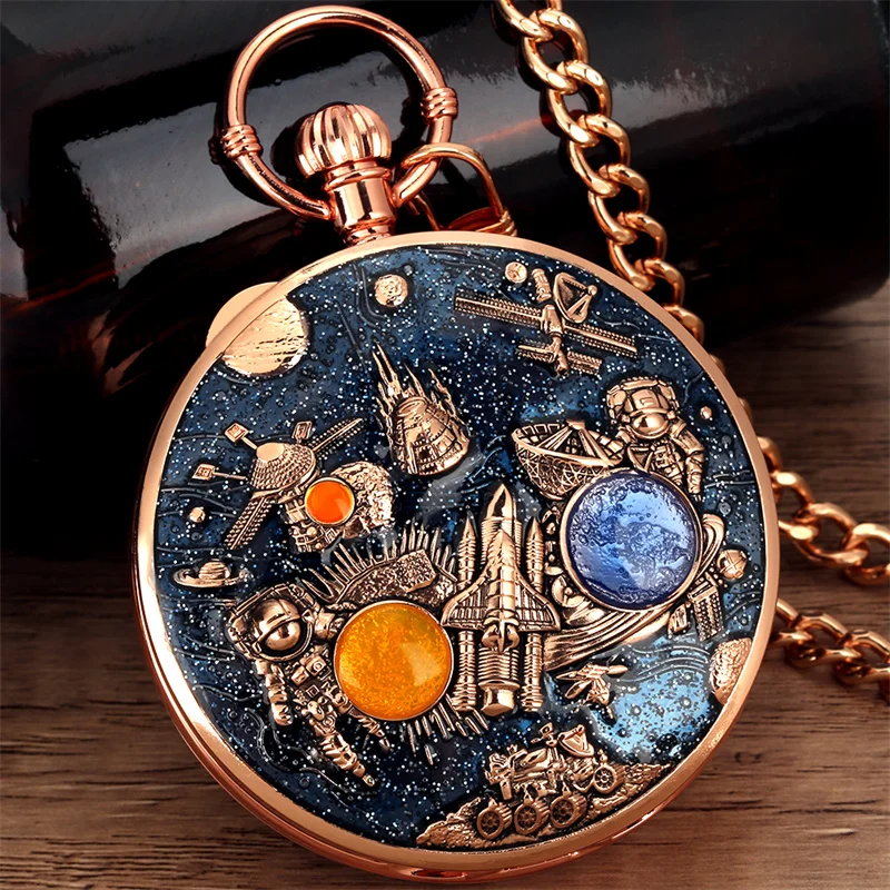 Steampunk-Stil Weltraum-Astronaut Musikalische Quarz-Taschenuhr mit Melodie aus dem Film „Castle in the Sky“, neuartige Zeitmesser mit Anhängerkette – Detail 7