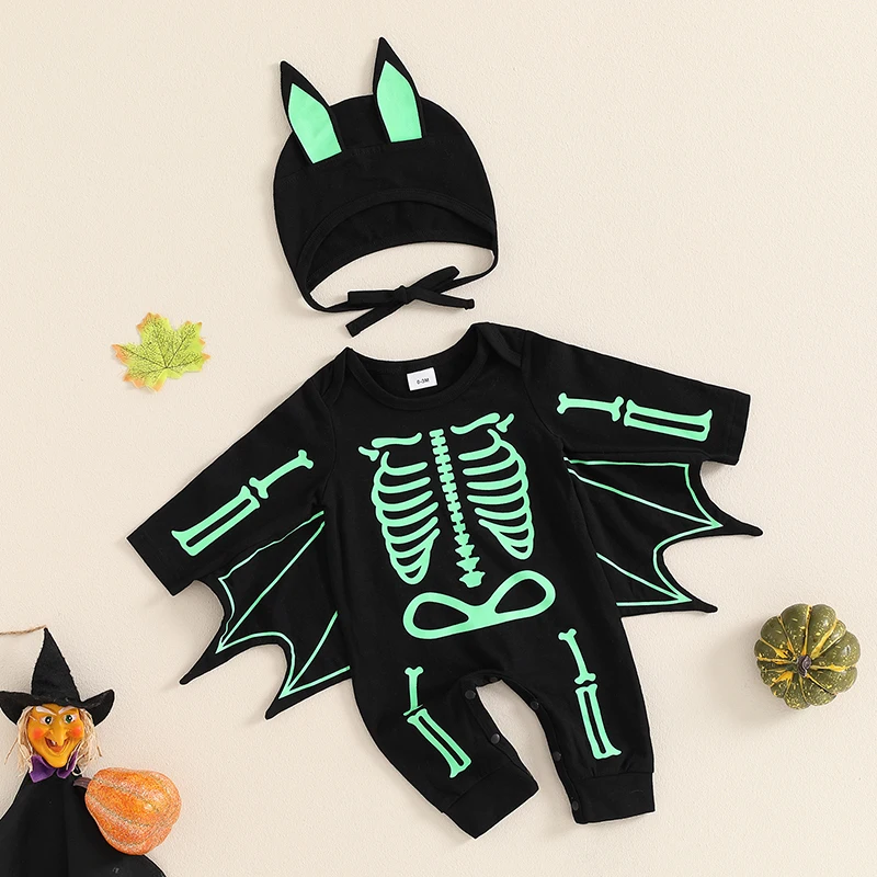 Baby Halloween Clothing Boys Bat Costumes Long Sleeve Glow in the Dark Jumpsuit with Hat For Newborn Items Clothes