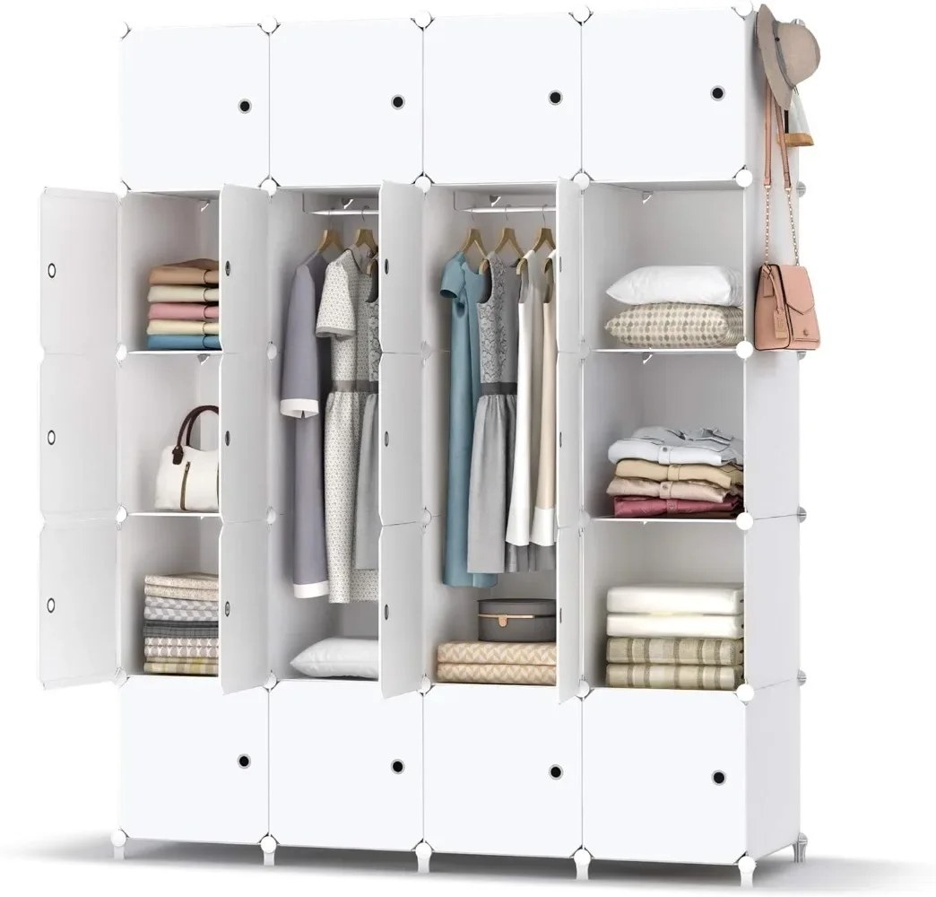 HOMIDEC Armario Modular, Guardarropa portátil de 20 Compartimentos para Dormitorio, Armario con Barra para Colgar Ropa, Comparti