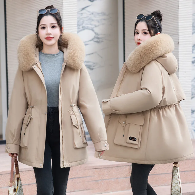 Parki Damskie Błyszczące Jesienne Z Podszewką Modne Wiązane Z Flokowanym Futrem Wiatroodporne Eleganckie Idealne Codzienne Z Odpinanym Jednoguzikowym Zapięciem OL