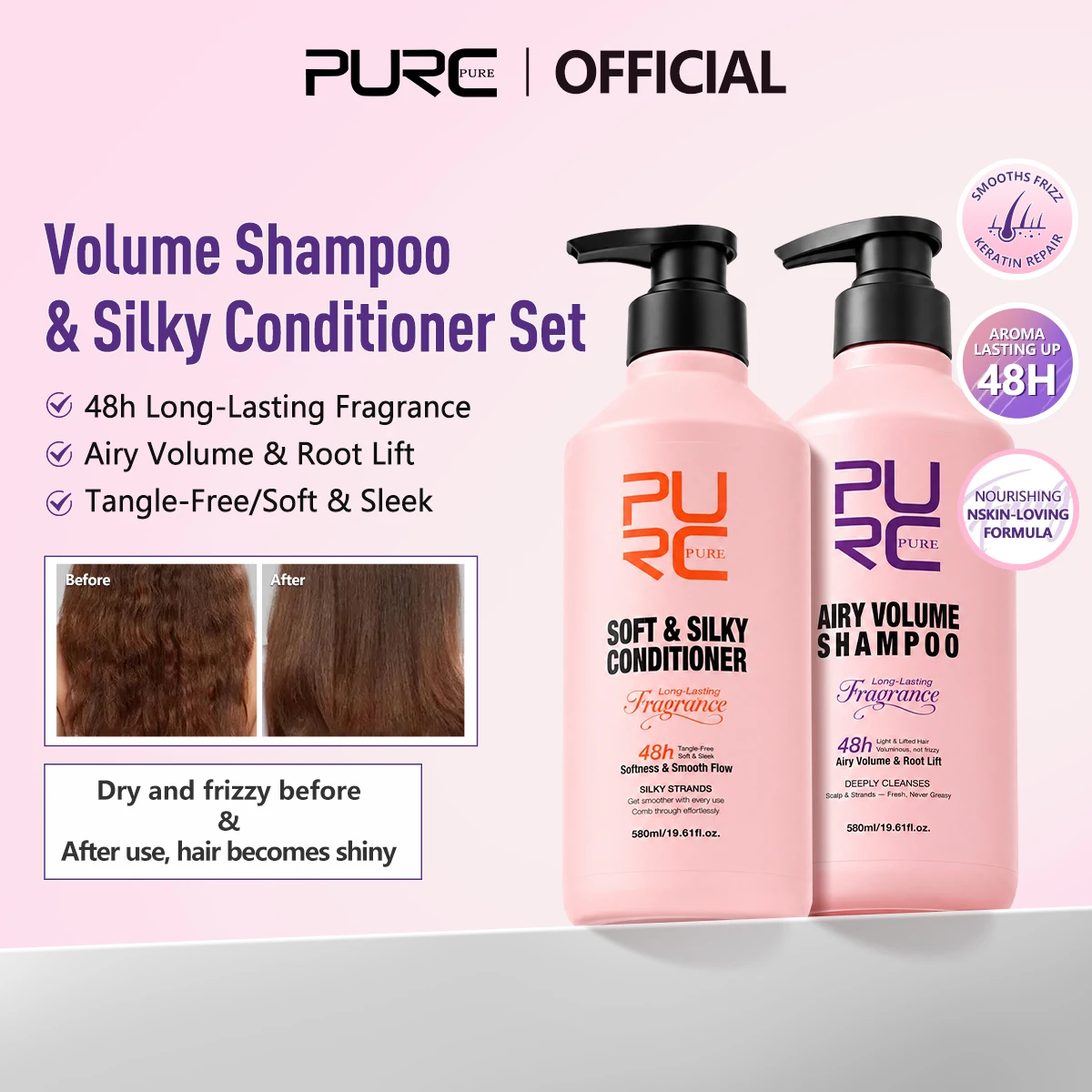 PURC Hair Shampoo Conditioner Set Airy Volume Root Lift 48H Fragrance Anti Frizz Moisturizing Repair Dry Damaged Hair Care
