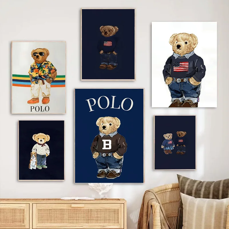 Póster de Camiseta Polo con Diseño de Oso, Uniforme Escolar Americano, Graffiti de Voleibol, Pintura en Lienzo, Ideal para Habitación Infantil
